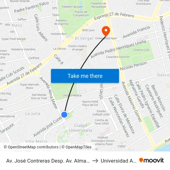 Av. José Contreras Desp. Av. Alma Mater to Universidad Apec map