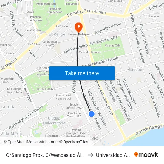 C/Santiago Prox. C/Wenceslao Álvarez to Universidad Apec map