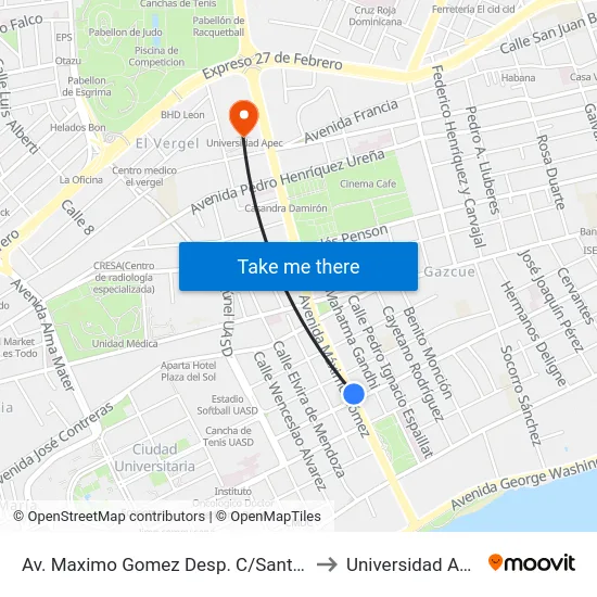 Av. Maximo Gomez Desp. C/Santiago to Universidad Apec map