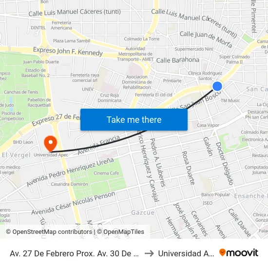 Av. 27 De Febrero Prox. Av. 30 De Marzo to Universidad Apec map