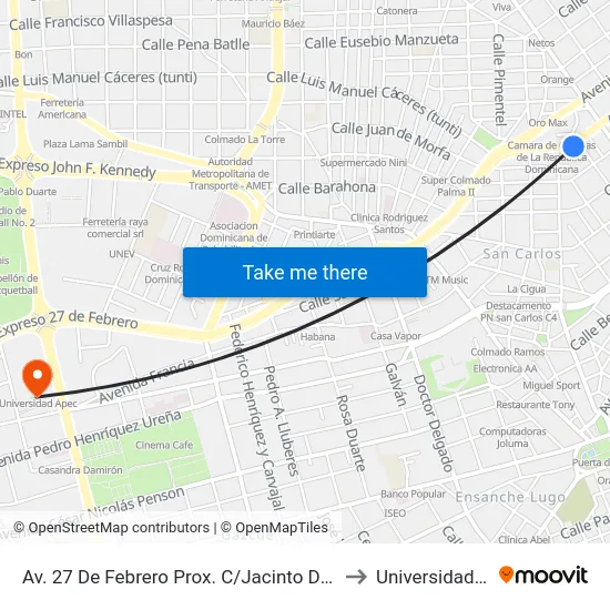 Av. 27 De Febrero  Prox. C/Jacinto De La Concha to Universidad Apec map