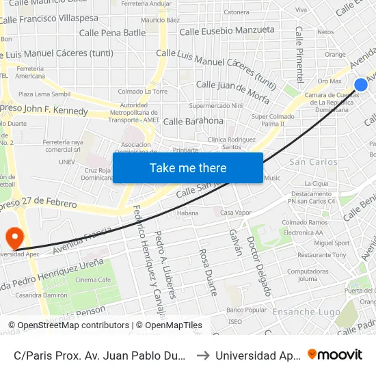C/Paris Prox. Av. Juan Pablo Duarte to Universidad Apec map