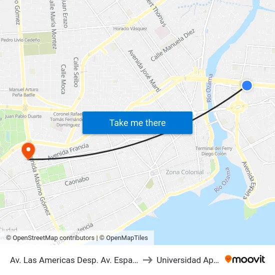 Av. Las Americas Desp. Av. España to Universidad Apec map