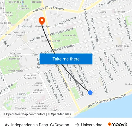Av. Independencia Desp. C/Cayetano Rodriguez to Universidad Apec map