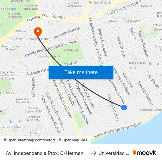 Av. Independencia Prox. C/Hermanos Deligne to Universidad Apec map