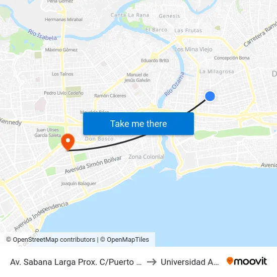 Av. Sabana Larga Prox. C/Puerto Rico to Universidad Apec map