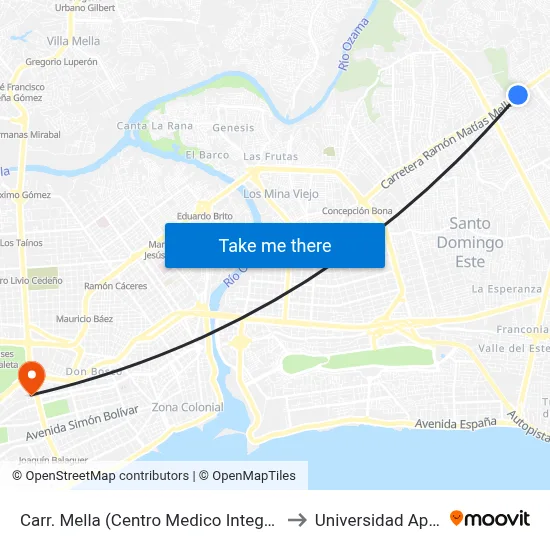 Carr. Mella (Centro Medico Integral) to Universidad Apec map