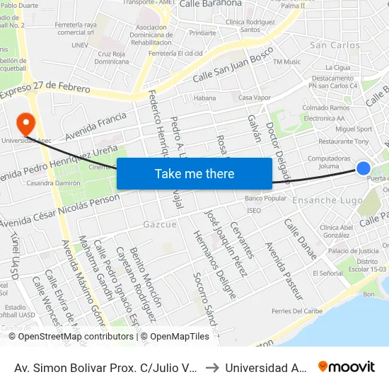Av. Simon Bolivar Prox. C/Julio Verne to Universidad Apec map