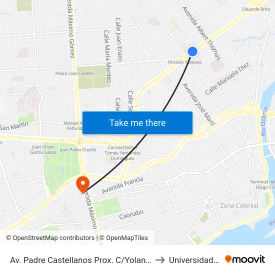 Av. Padre Castellanos Prox. C/Yolanda Guzman to Universidad Apec map