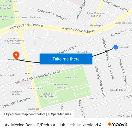 Av. México Desp. C/Pedro A. Lluberes to Universidad Apec map