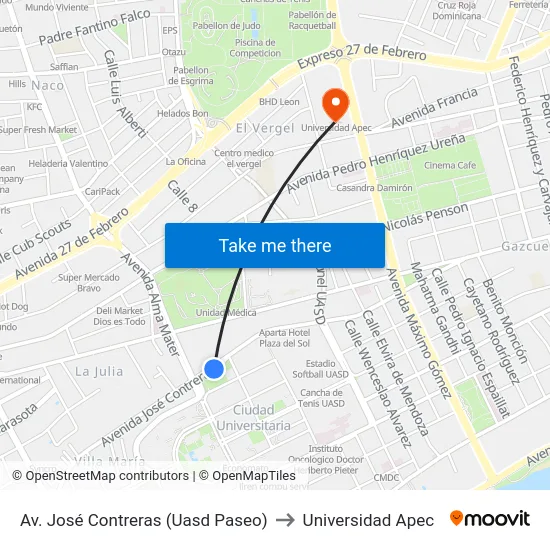 Av. José Contreras (Uasd Paseo) to Universidad Apec map