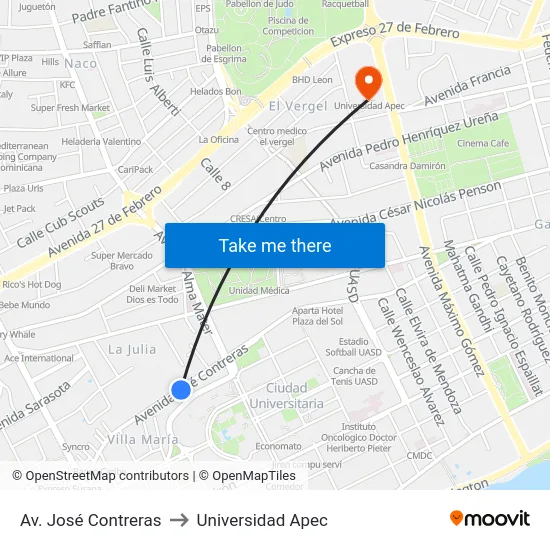 Av. José Contreras to Universidad Apec map