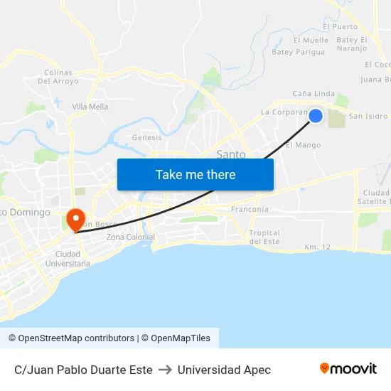 C/Juan Pablo Duarte Este to Universidad Apec map