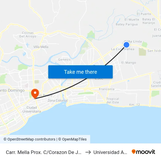 Carr. Mella Prox. C/Corazon De Jesus to Universidad Apec map