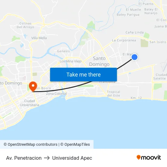 Av. Penetracion to Universidad Apec map