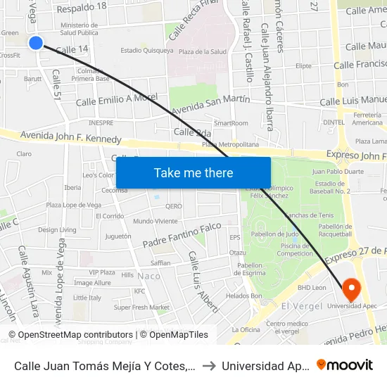 Calle Juan Tomás Mejía Y Cotes, 43 to Universidad Apec map