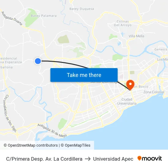 C/Primera Desp. Av. La Cordillera to Universidad Apec map