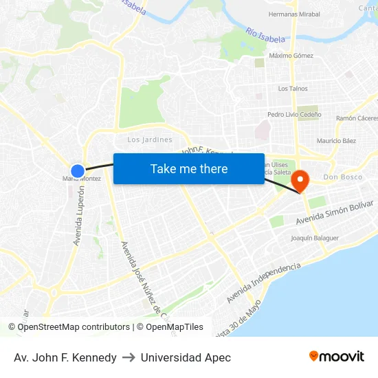 Av. John F. Kennedy to Universidad Apec map