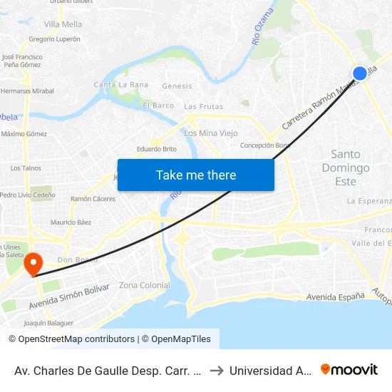 Av. Charles De Gaulle Desp. Carr. Mella to Universidad Apec map