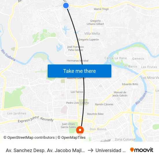 Av. Sanchez Desp. Av. Jacobo Majluta Azar to Universidad Apec map