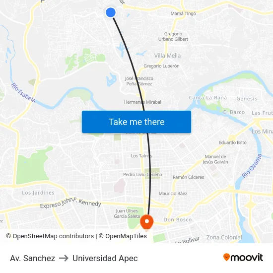 Av. Sanchez to Universidad Apec map