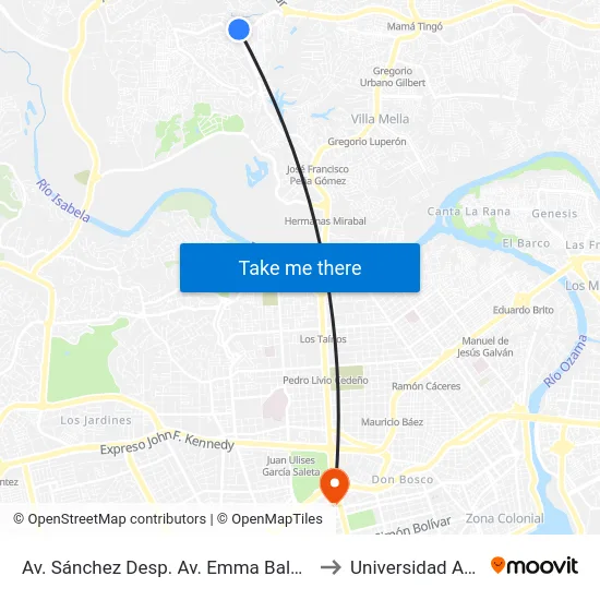 Av. Sánchez Desp. Av. Emma Balaguer to Universidad Apec map