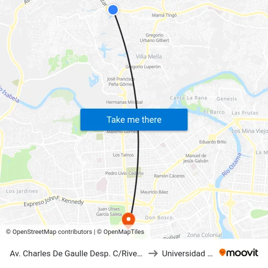 Av. Charles De Gaulle Desp. C/Rivera Del Río to Universidad Apec map