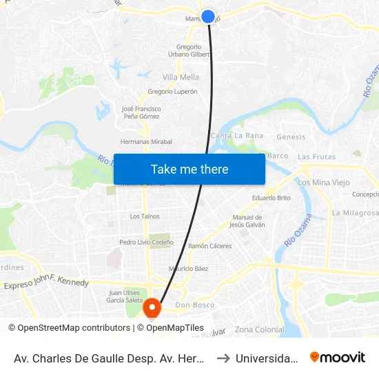 Av. Charles De Gaulle Desp. Av. Hermanas Mirabal to Universidad Apec map