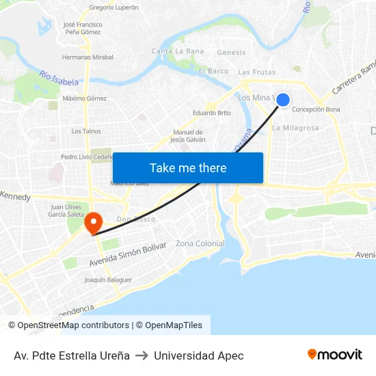 Av. Pdte Estrella Ureña to Universidad Apec map