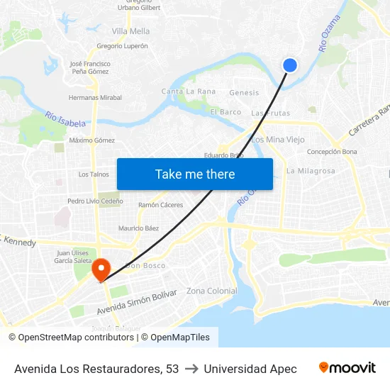 Avenida Los Restauradores, 53 to Universidad Apec map