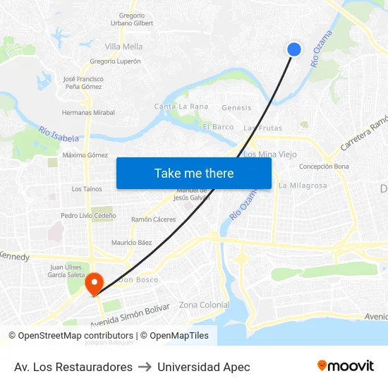 Av. Los Restauradores to Universidad Apec map