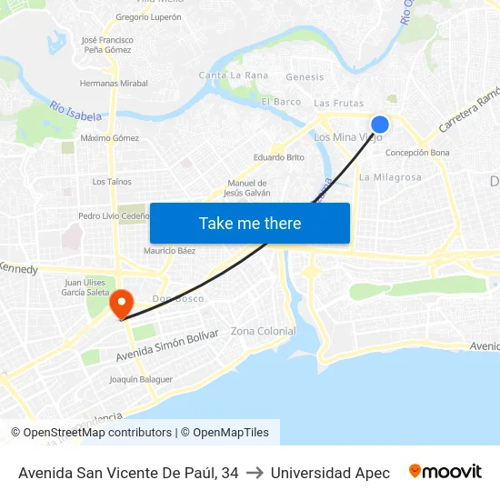 Avenida San Vicente De Paúl, 34 to Universidad Apec map