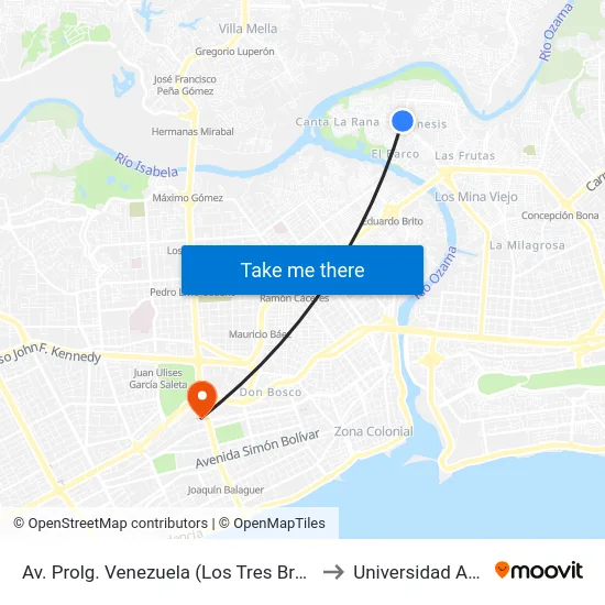 Av. Prolg. Venezuela (Los Tres Brazos) to Universidad Apec map