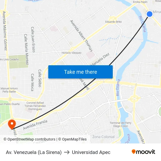 Av. Venezuela (La Sirena) to Universidad Apec map