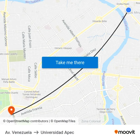 Av. Venezuela to Universidad Apec map