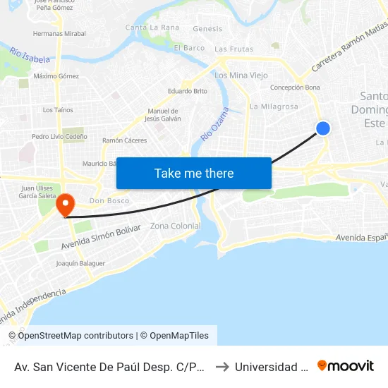 Av. San Vicente De Paúl Desp. C/Puerto Rico to Universidad Apec map