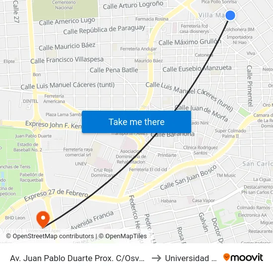 Av. Juan Pablo Duarte Prox. C/Osvaldo Bazil to Universidad Apec map