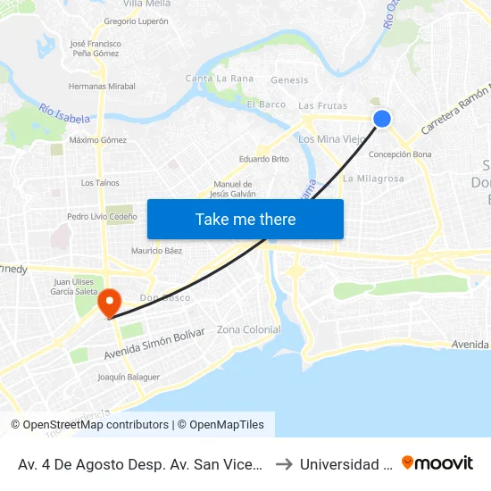 Av. 4 De Agosto Desp. Av. San Vicente De Paúl to Universidad Apec map