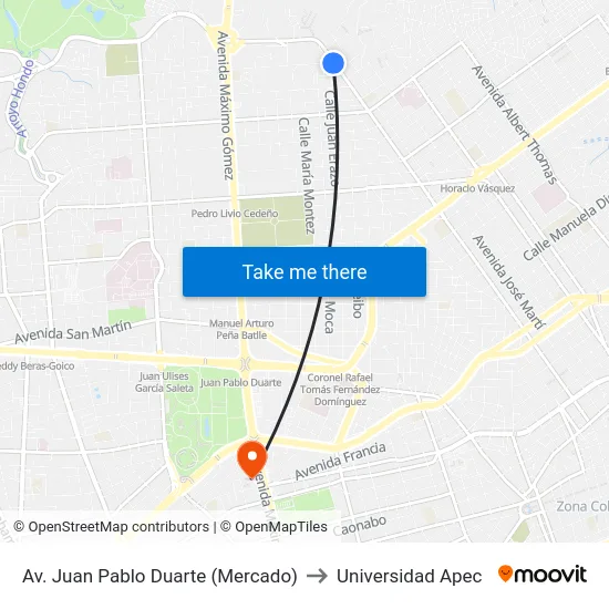 Av. Juan Pablo Duarte (Mercado) to Universidad Apec map