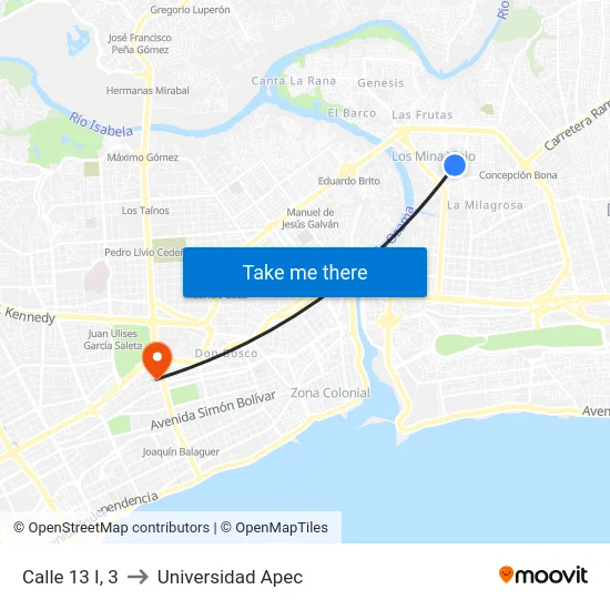 Calle 13 I, 3 to Universidad Apec map