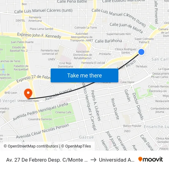 Av. 27 De Febrero Desp. C/Monte Cristi to Universidad Apec map