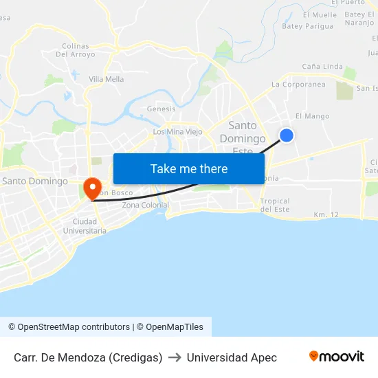 Carr. De Mendoza (Credigas) to Universidad Apec map