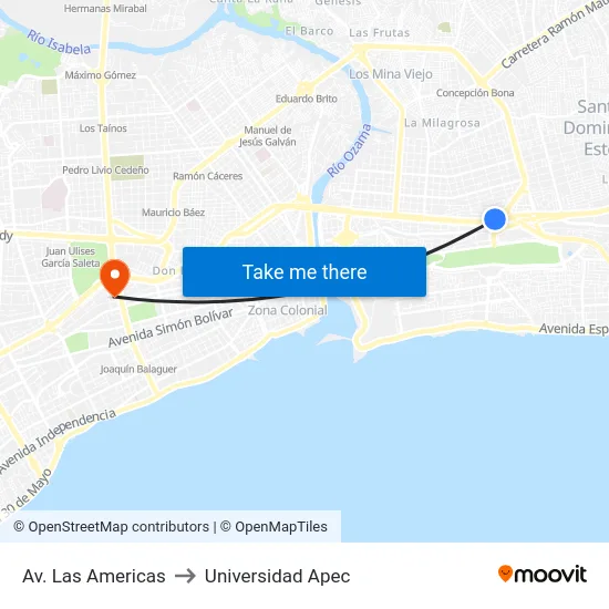 Av. Las Americas to Universidad Apec map