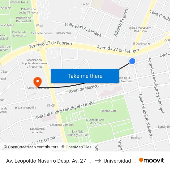 Av. Leopoldo Navarro Desp. Av. 27 De Febrero to Universidad Apec map