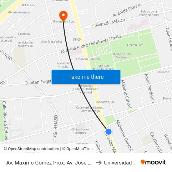 Av. Máximo Gómez Prox. Av. Jose Contreras to Universidad Apec map