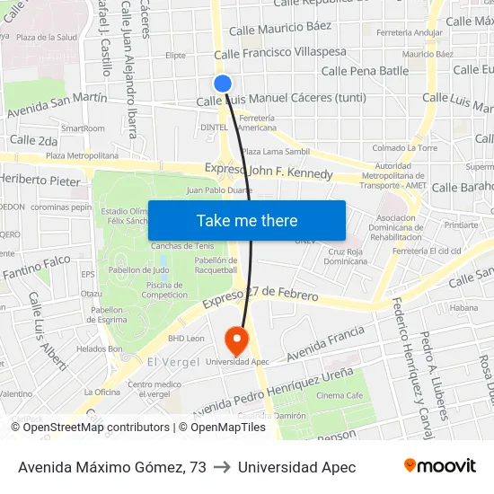 Avenida Máximo Gómez, 73 to Universidad Apec map
