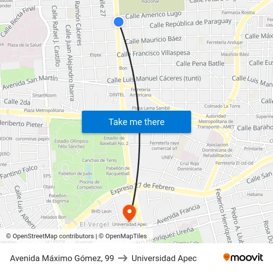 Avenida Máximo Gómez, 99 to Universidad Apec map
