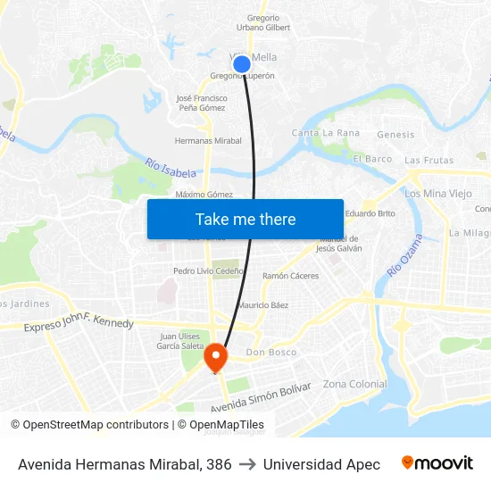 Avenida Hermanas Mirabal, 386 to Universidad Apec map