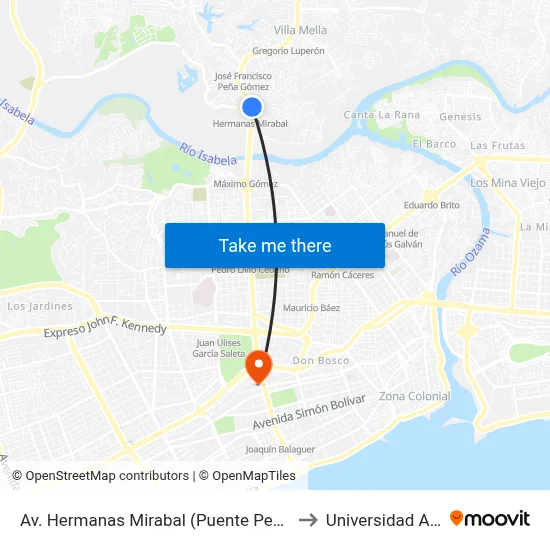 Av. Hermanas Mirabal (Puente Peatonal) to Universidad Apec map