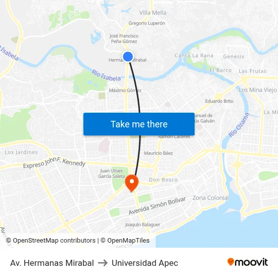Av. Hermanas Mirabal to Universidad Apec map
